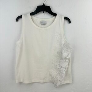Kinly Tank Top Womens Medium White‎ Cotton Floral Ruffle Round Neck